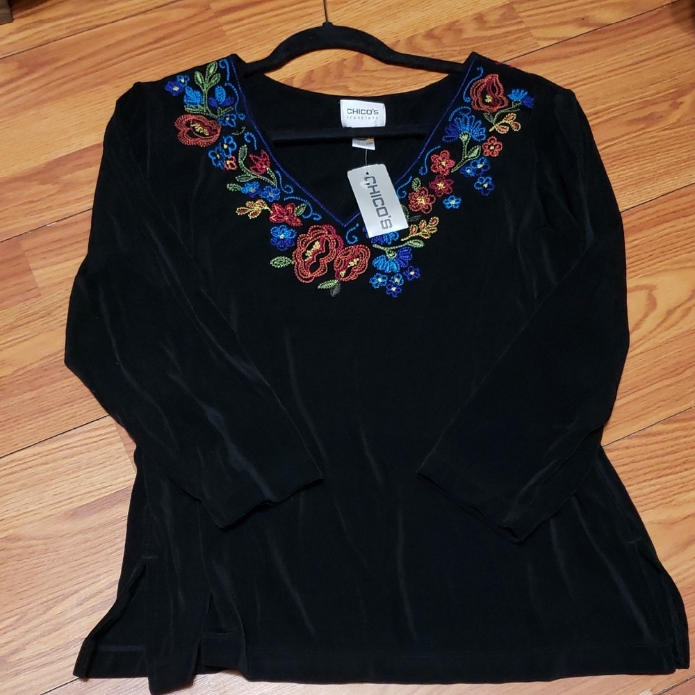 Chico's Travelers Black Top with Colorful Floral Embroidery Neckline‎ Top